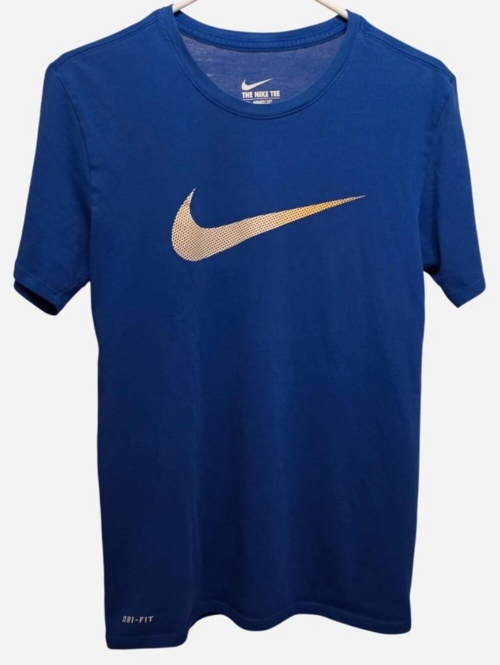 Nike Athletic Cut Dri-Fit blue t-shirt with white and gold swoosh, size S